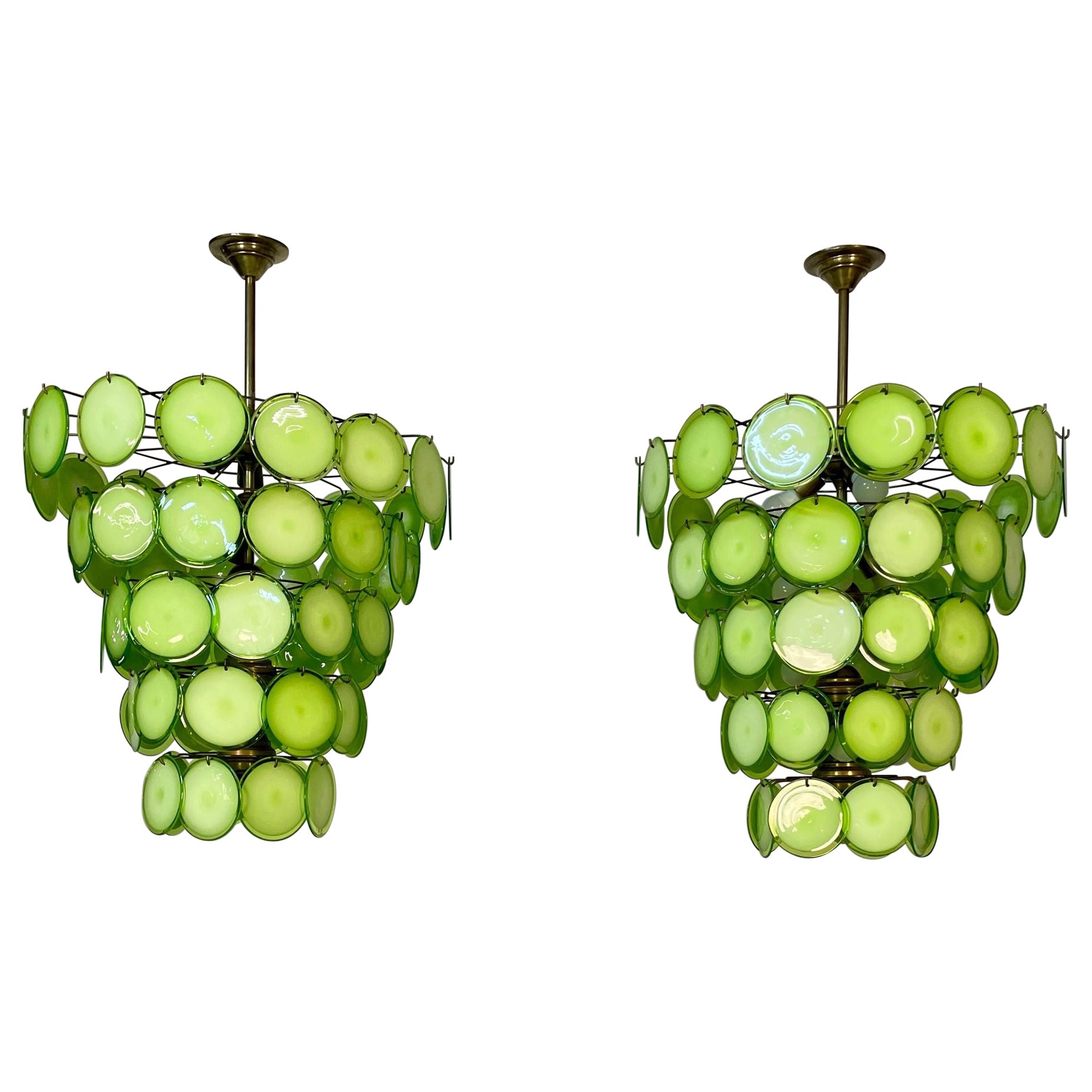 Pair of Murano Disc Mid-Century Modern Chandeliers, Antique Brass, New Wired For Sale