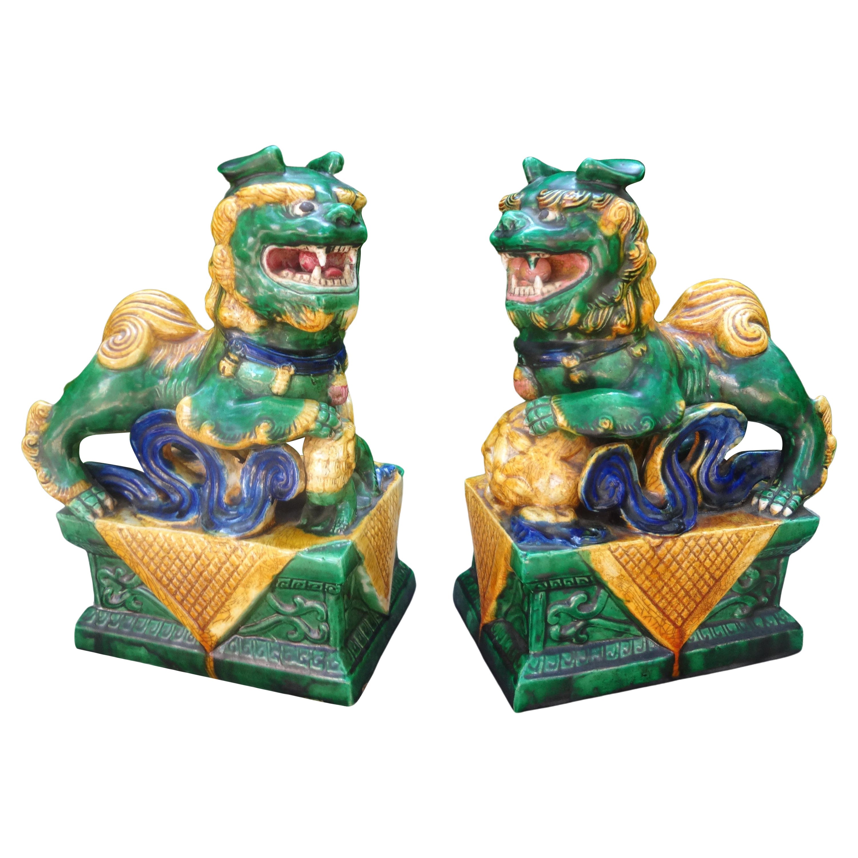 Pair of Chinese Glazed Terracotta Foo Dogs or Foo Lions For Sale