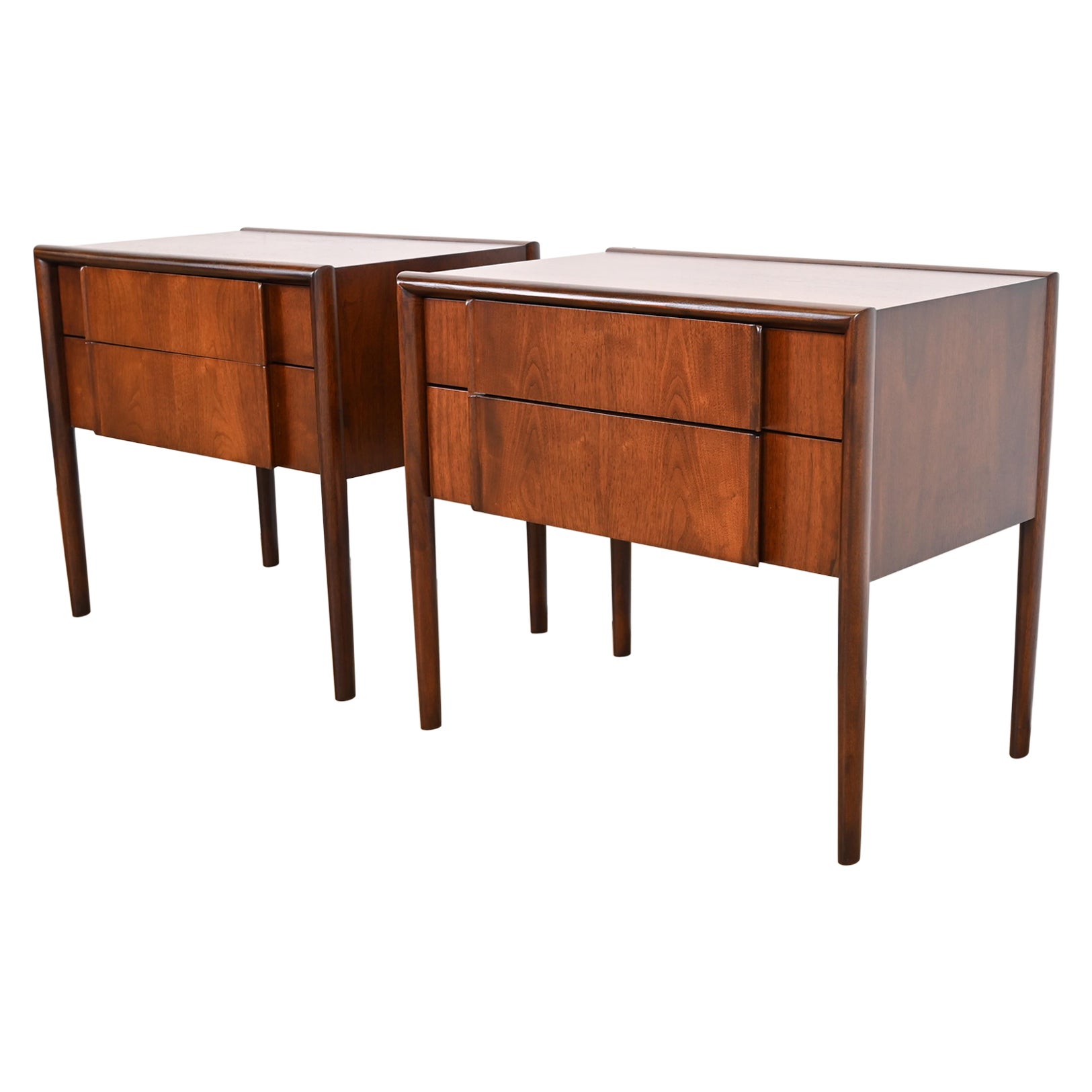 Barney Flagg for Drexel Parallel Sculpted Walnut Nightstands, Newly Refinished