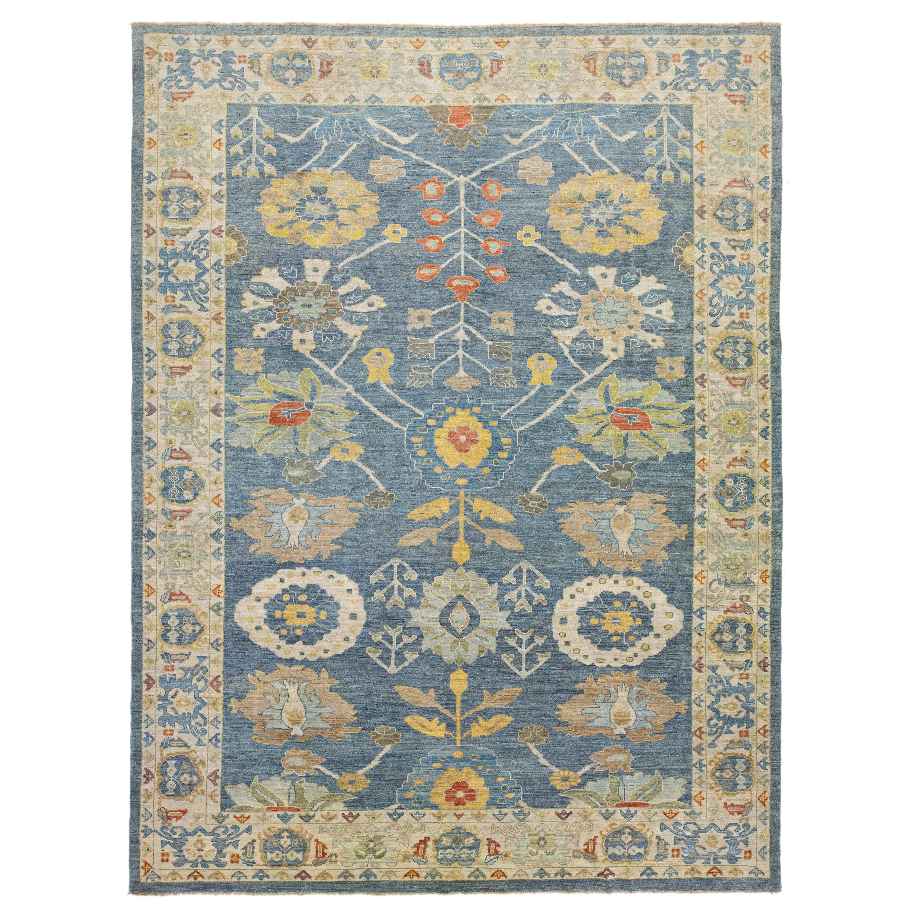 Modern Navy Blue Sultanabad Wool Rug Handmade with Floral Design For Sale