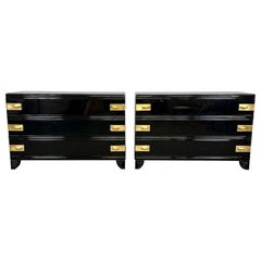 Pair of Mid-Century Modern Parzinger Style Black Lacquer Commodes / Nightstands