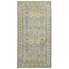 Handmade Sultanabad Gallery Wool Rug with Floral Motif in Blue