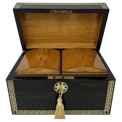 Antike englische Coromandel-Teedose aus Holz mit Messingintarsien aus dem 19. Jahrhundert