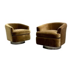 Mid-Century Modern Milo Baughman Style Swivel Chairs, Chrome Base, Brown Mohair