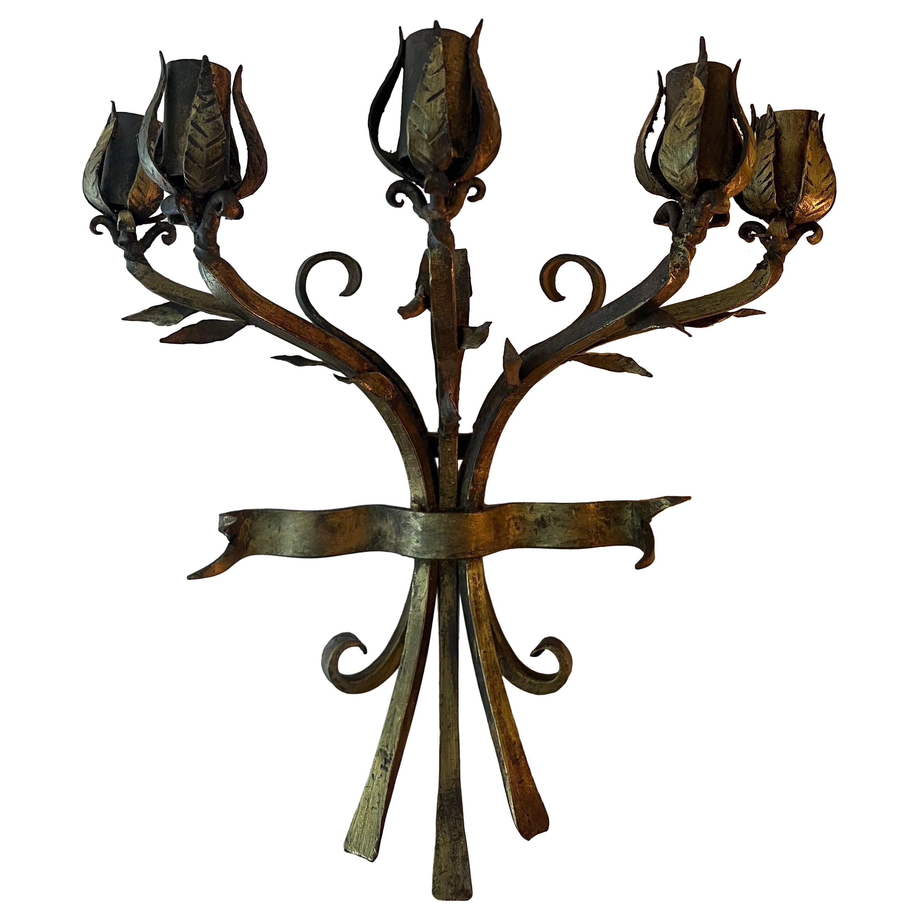 Gilt Iron Bronze Floral Wall Candleholder  For Sale