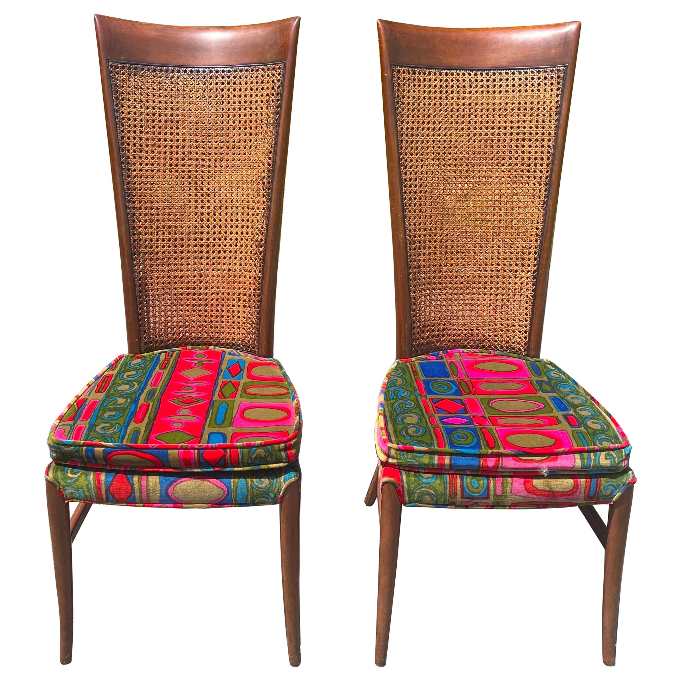 Pair of Caned Chairs with Jack Lenor Larson Velvet Upholstery For Sale