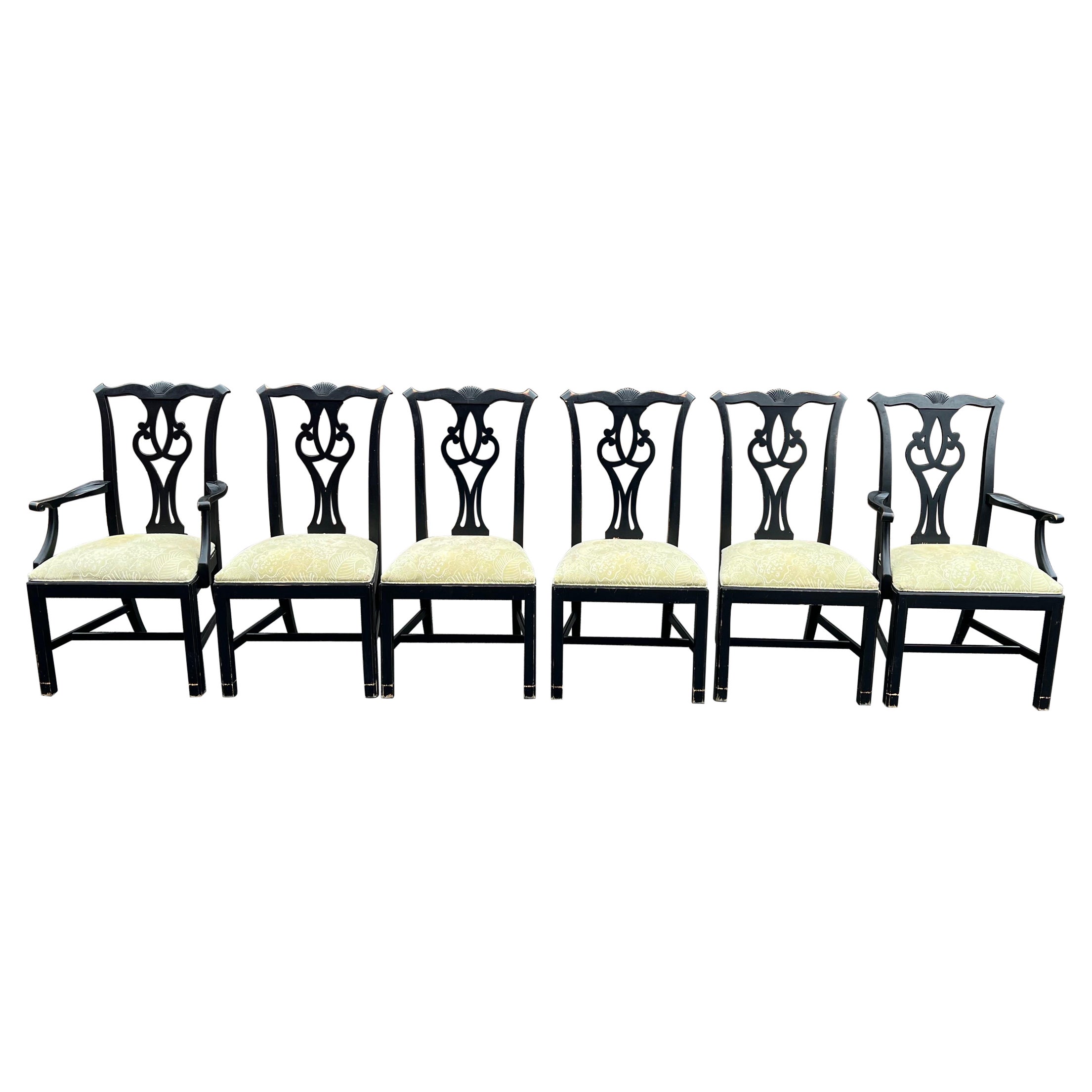 SOLD-Set of Six Chippendale Ethan Allen Dining Chairs in Black For Sale