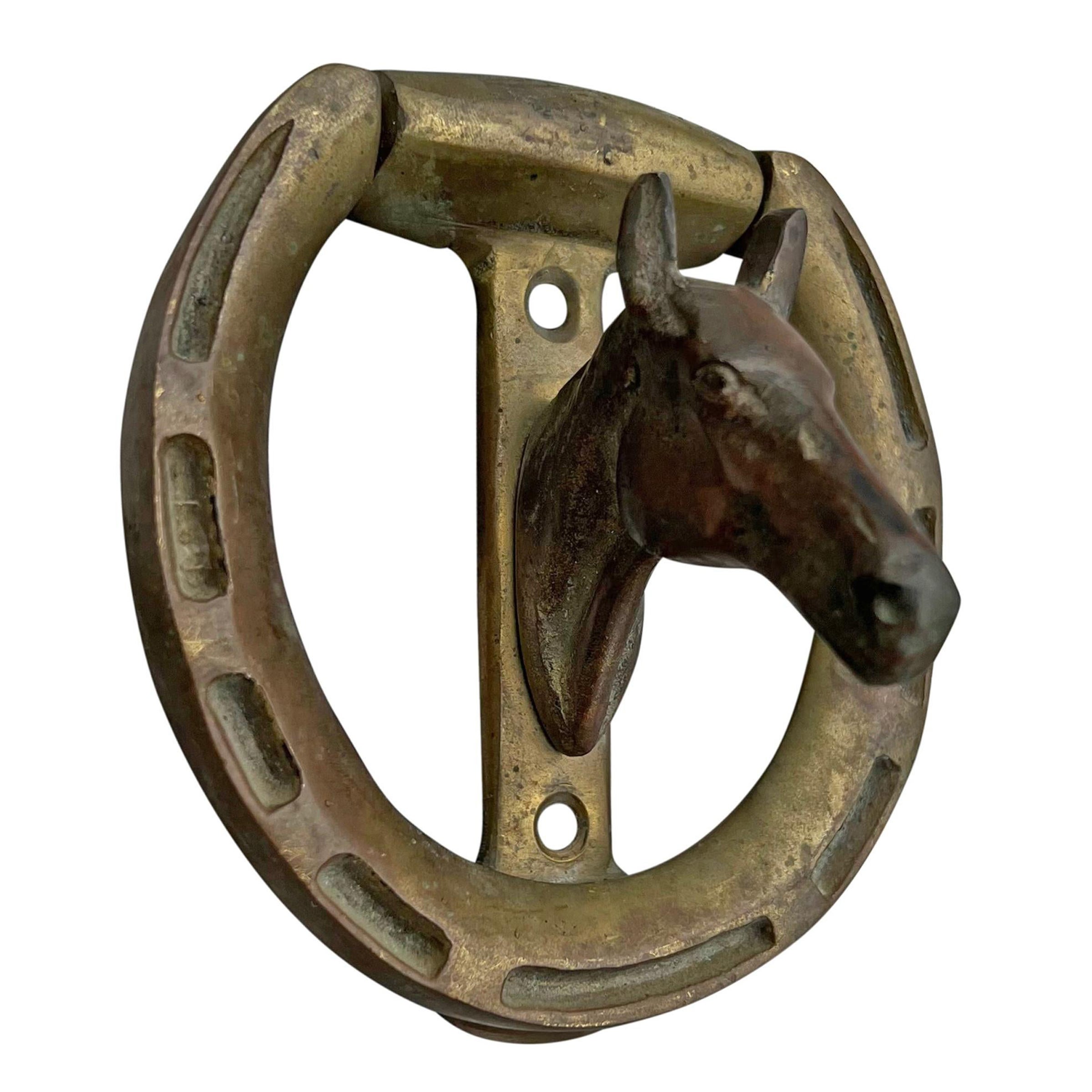Vintage 20th Century English Brass Horse and Horseshoe Doorknocker For Sale