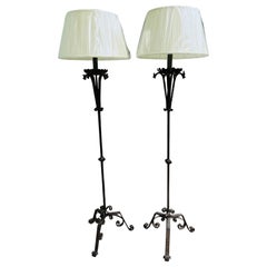 Pair, Antique Spanish Giacometti Style Sculptural Iron Floor Lamps