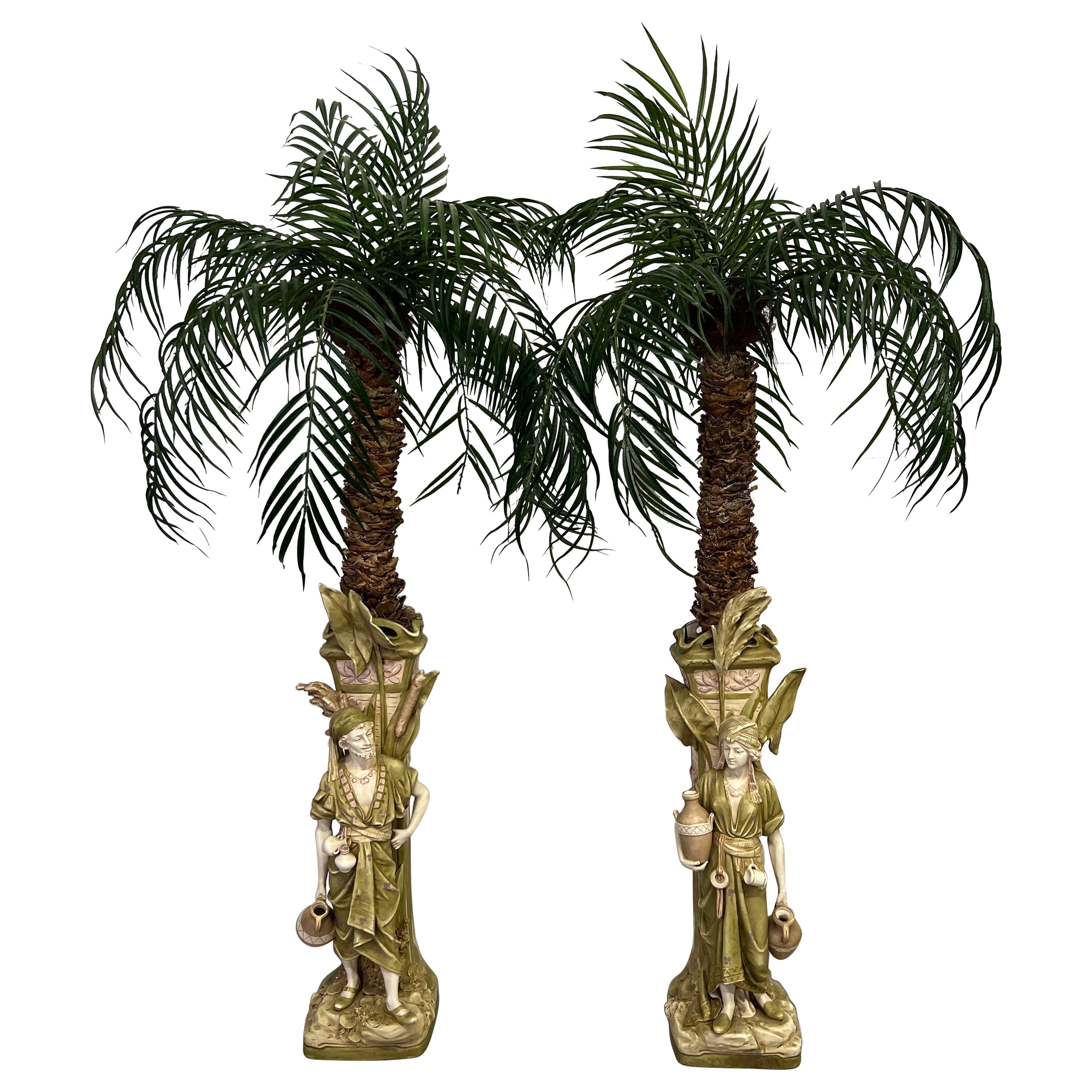 Monumental Pair, Antique Amphora Arabian Figural Jardinieres W/ Faux Palm Trees  For Sale