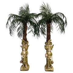 Monumental Pair, Antique Amphora Arabian Figural Jardinieres W/ Faux Palm Trees 