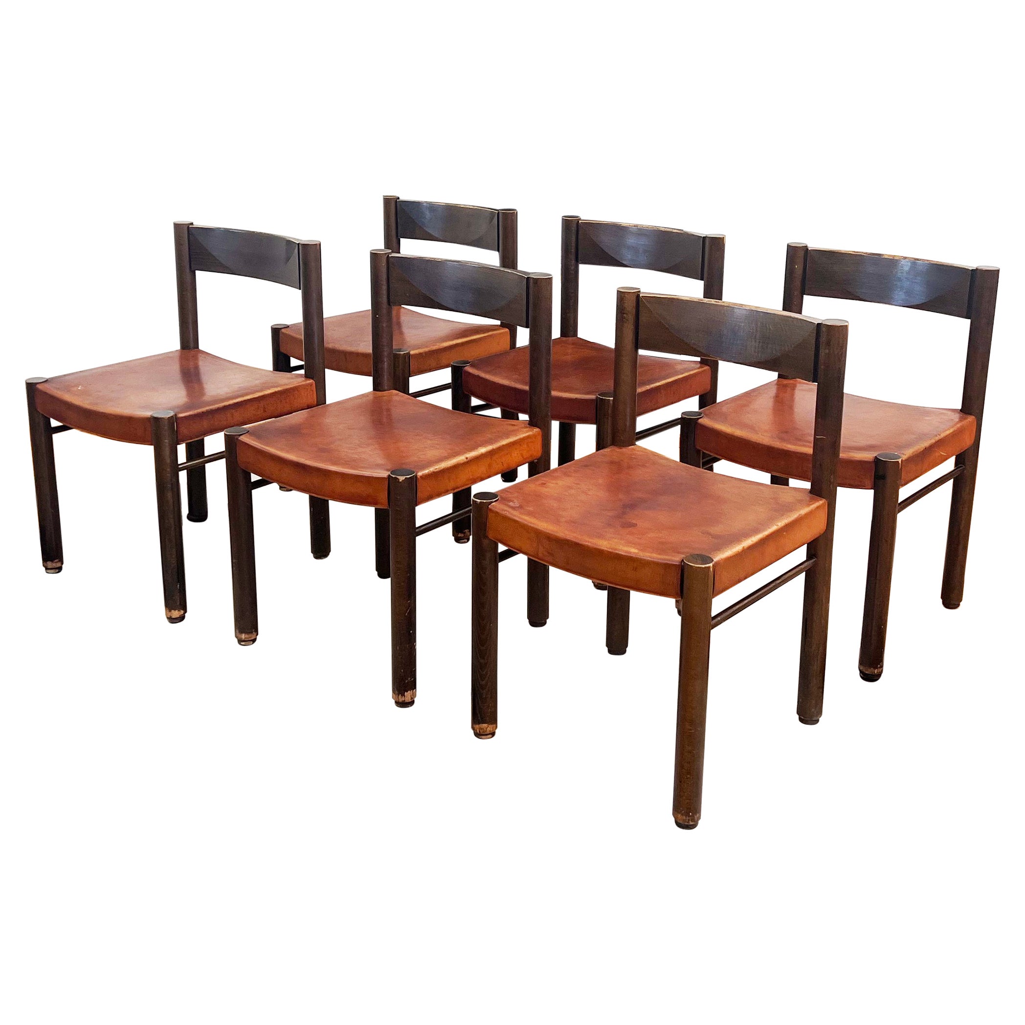 Robert and Trix Haussmann Tiger Oak and Saddle Leather Dining Chairs Midcentury