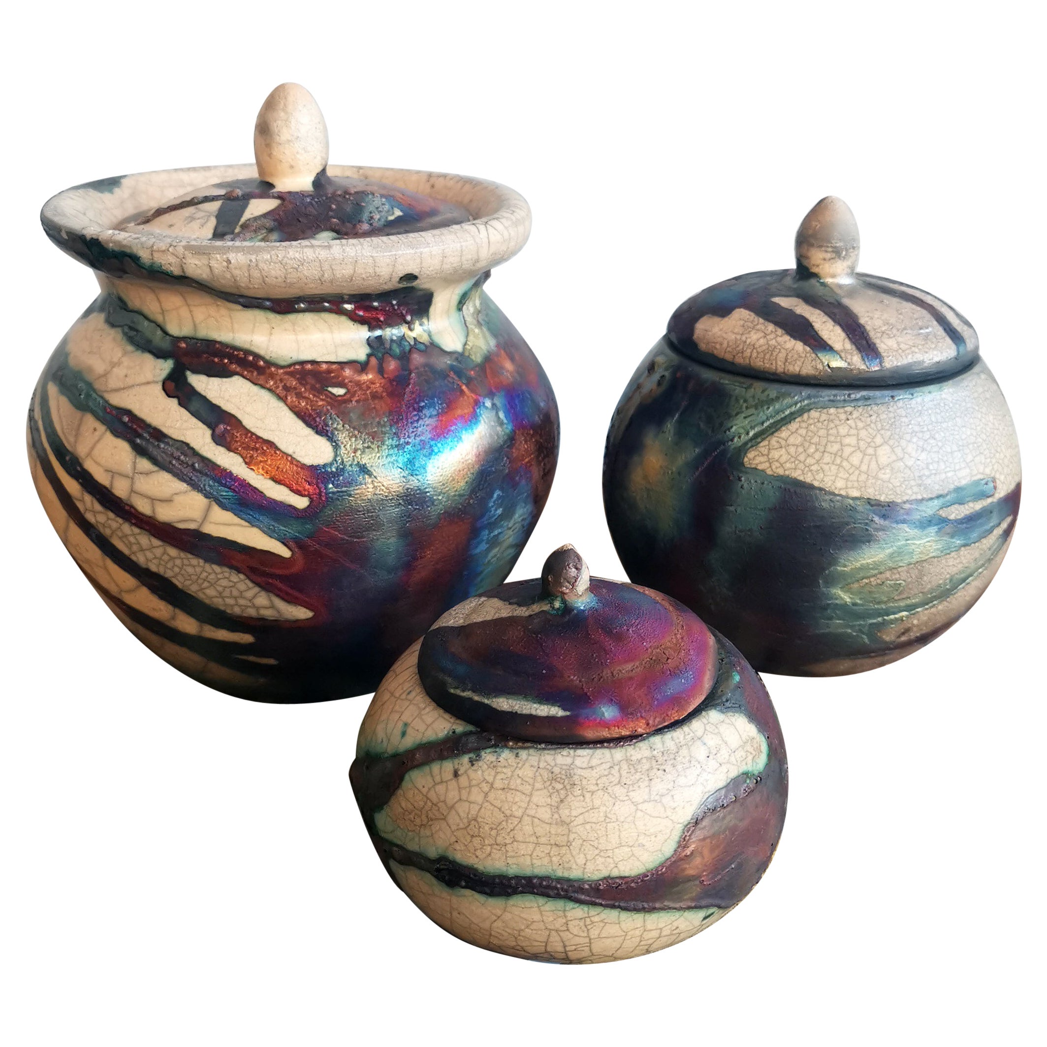 Raaquu Urn Set - Half Copper Matte - Ceramic Raku Pottery For Sale