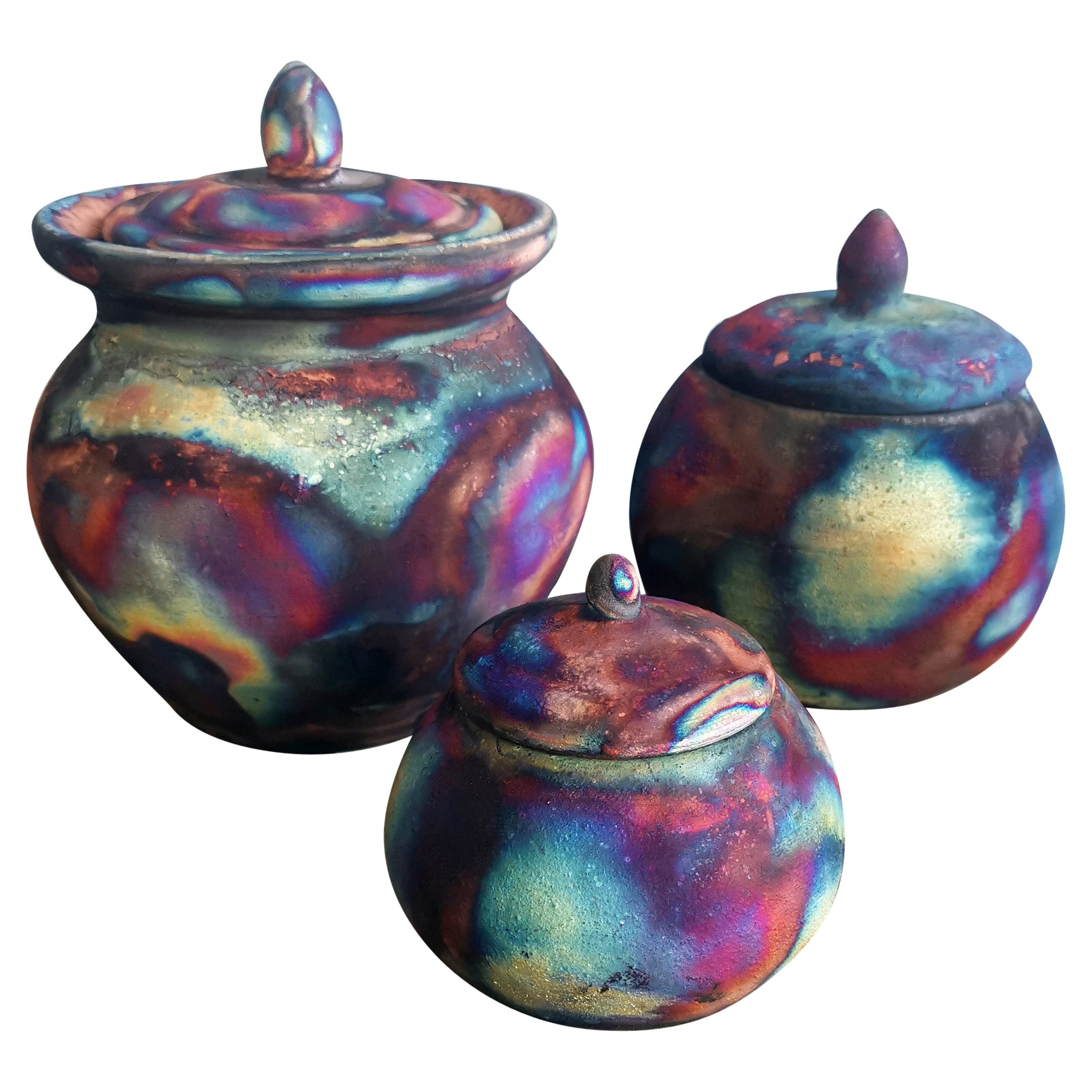 Raaquu Urn Set, Full Copper Matte, Ceramic Raku Pottery For Sale