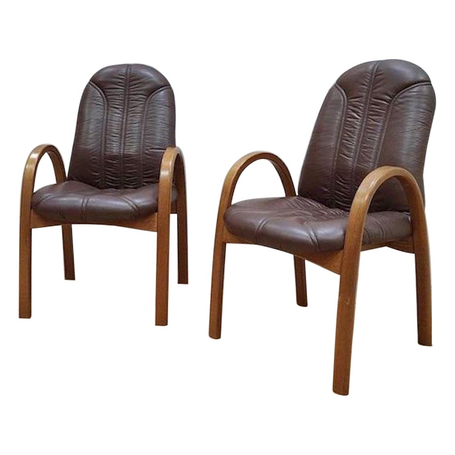 Pair of 70s Style Bow Wood Armchairs For Sale