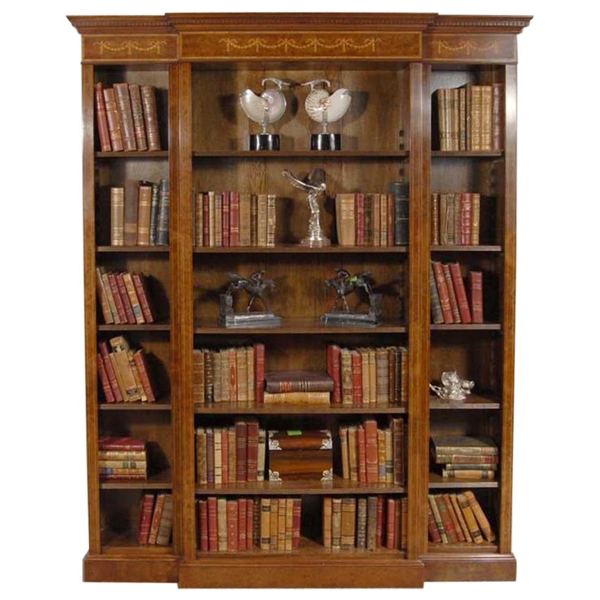 English Walnut Breakfront Bookcase Sheraton Regency For Sale
