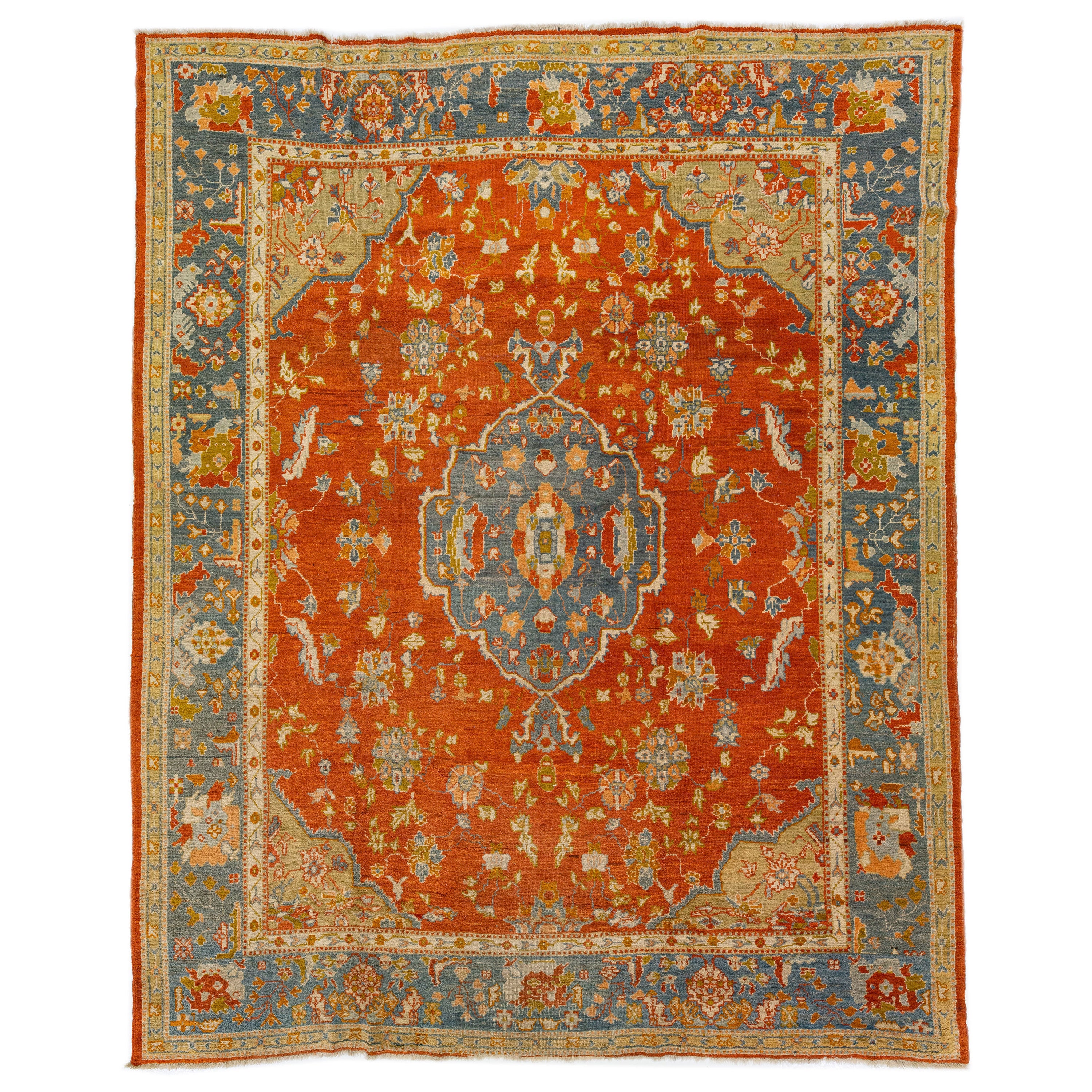 Ancien tapis turc d'Oushak en laine orange à médaillons fait à la main