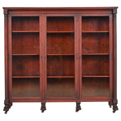 Antique American Empire Mahogany Triple Bookcase with Carved Lion Paw Feet