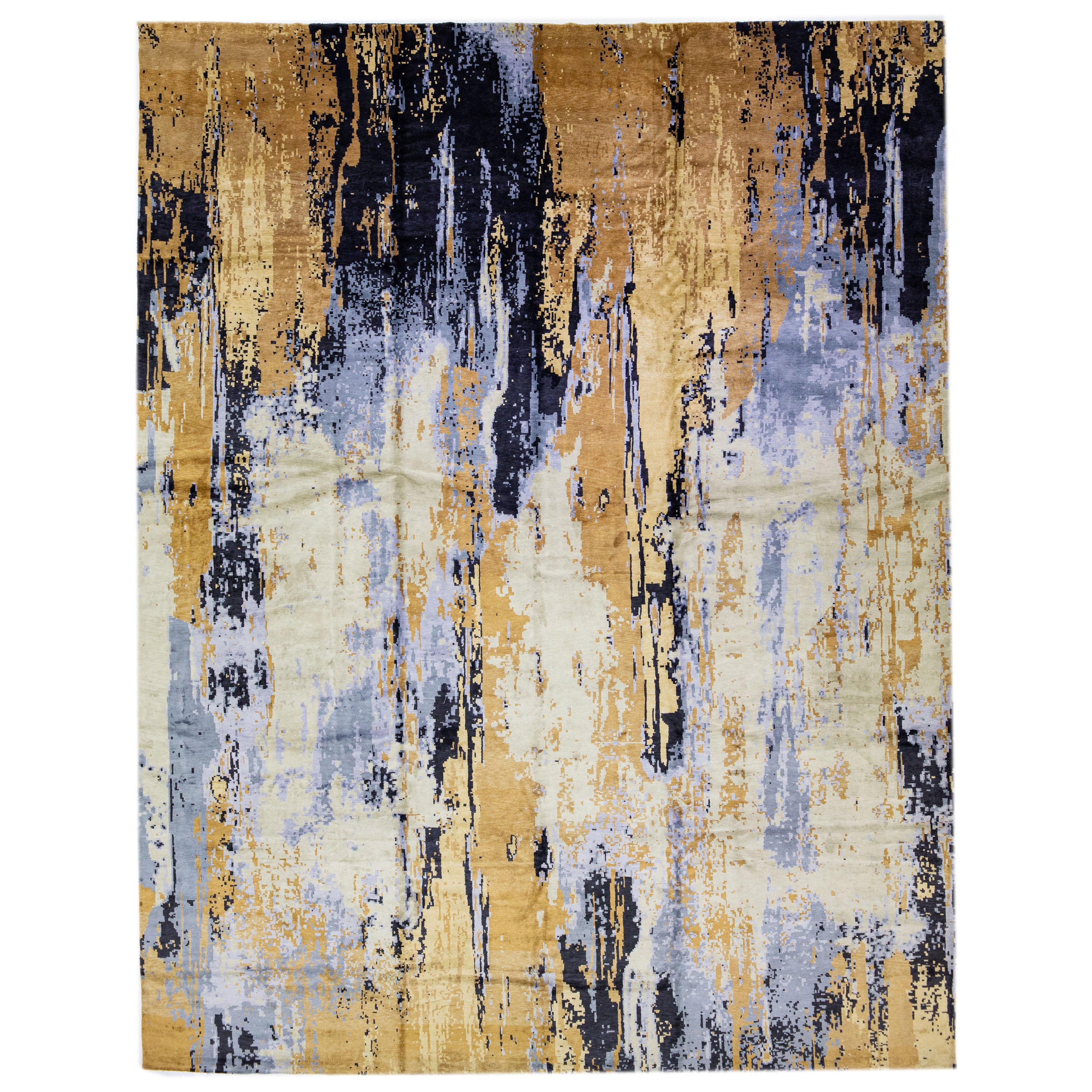 Modern Wool & Silk Rug with Golden Abstract Design For Sale