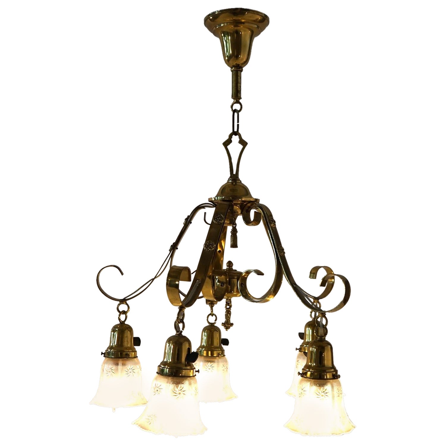Antique Arts & Crafts Gilt Metal & Brass Hanging Fixture, Embossed Shades c1920 For Sale
