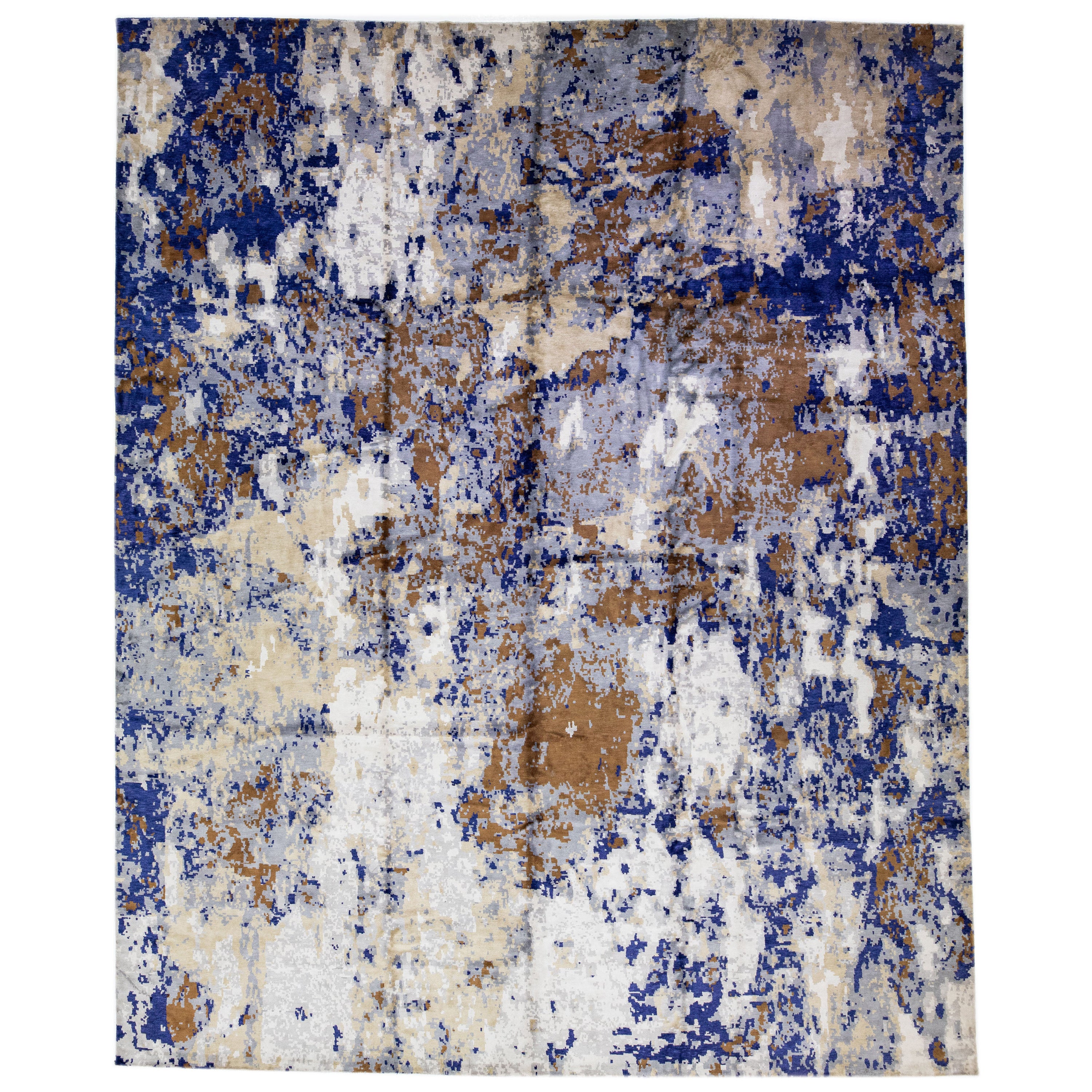Modern Abstract Wool & Silk Rug Handmade with Blue and Brown Accents  For Sale