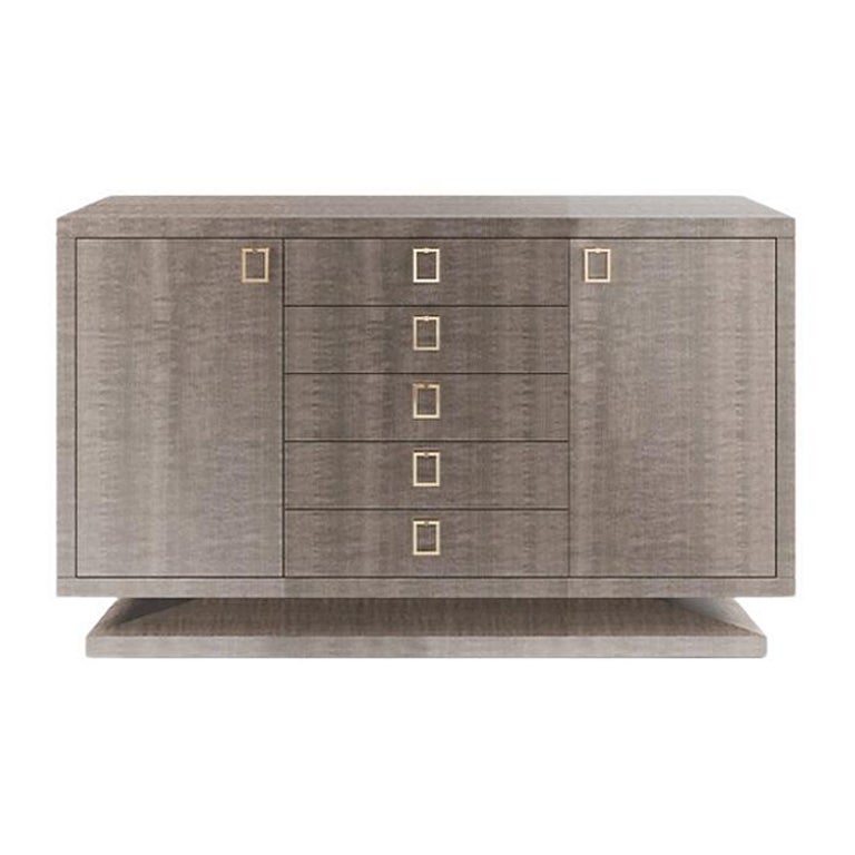 Two Door Grey Anegre Wood Cabinet with Drawers and Polished Nickel