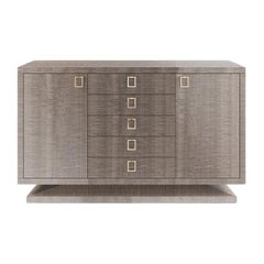 Two Door Grey Anegre Wood Cabinet with Drawers and Polished Nickel