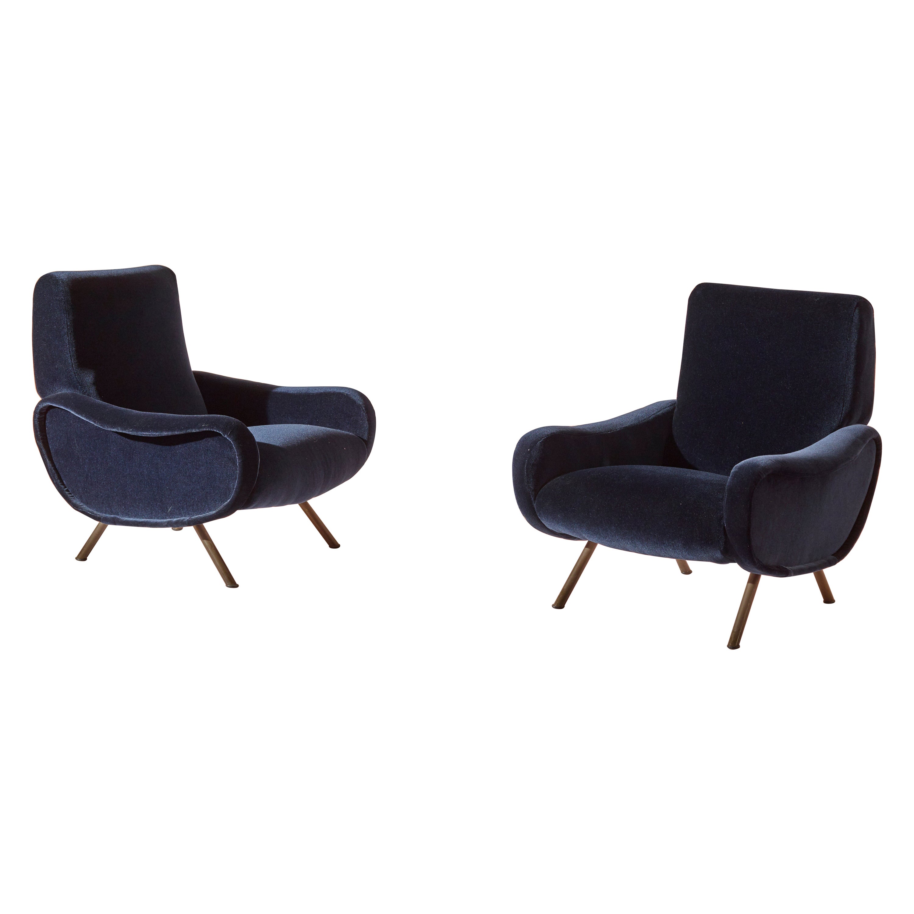 Marco Zanuso for Arflex, Italy, Pair of ''Lady'' Armchairs in Blue Cotton Velvet