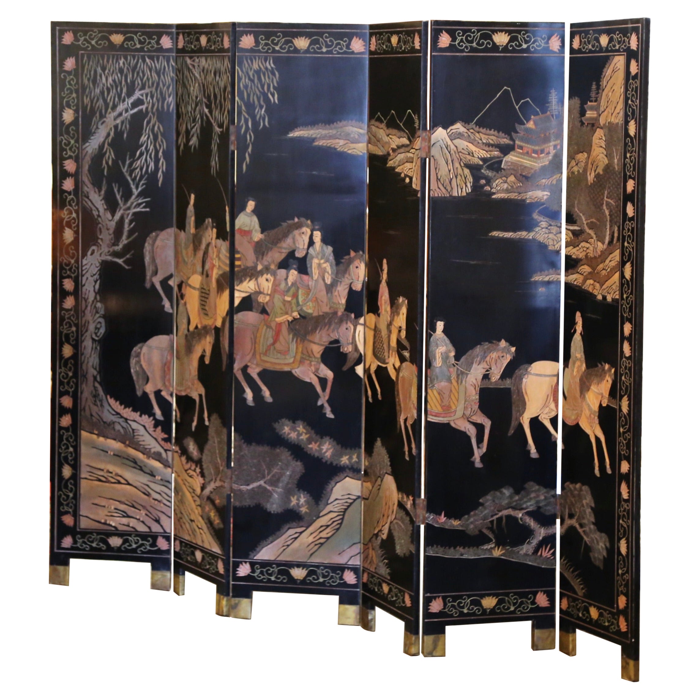 Early 20th Century Chinese Lacquered Ebonized Six-Panel Decorative Screen