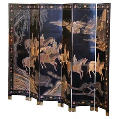 Used Early 20th Century Chinese Lacquered Ebonized Six-Panel Decorative Screen