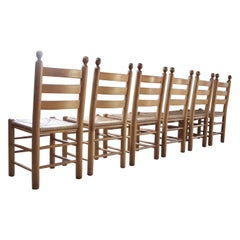 6 French Ladder Back Oak Rush Seat Dining Chairs