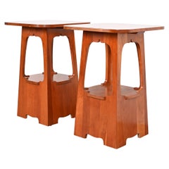 Stickley Arts & Crafts Cherry Wood Cut-Out Side Tables, Pair
