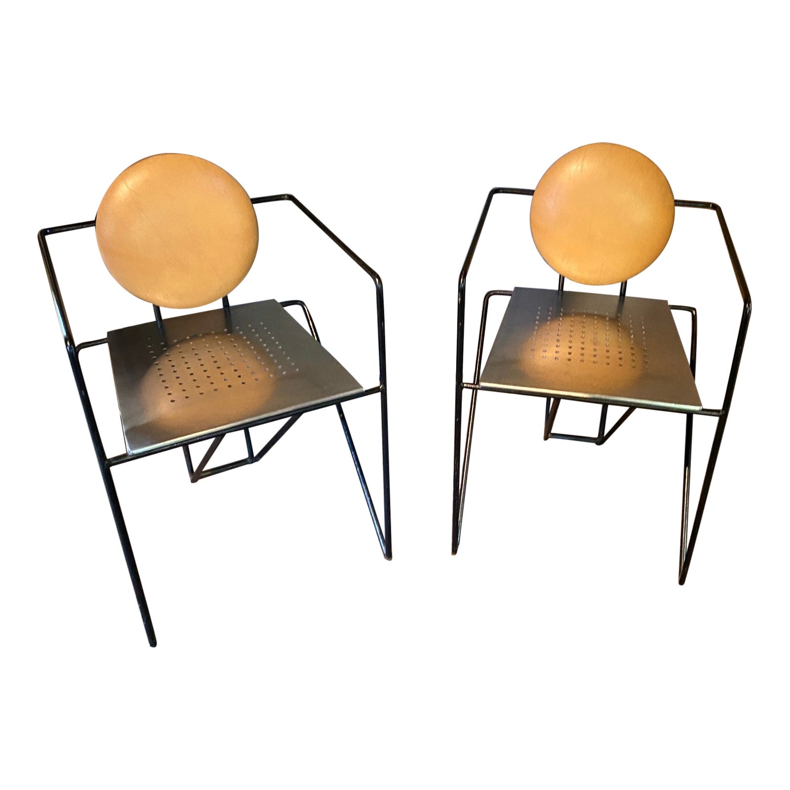 Pair of Stainless Steel and Leather Armchairs in the Manner of Mario Botta For Sale