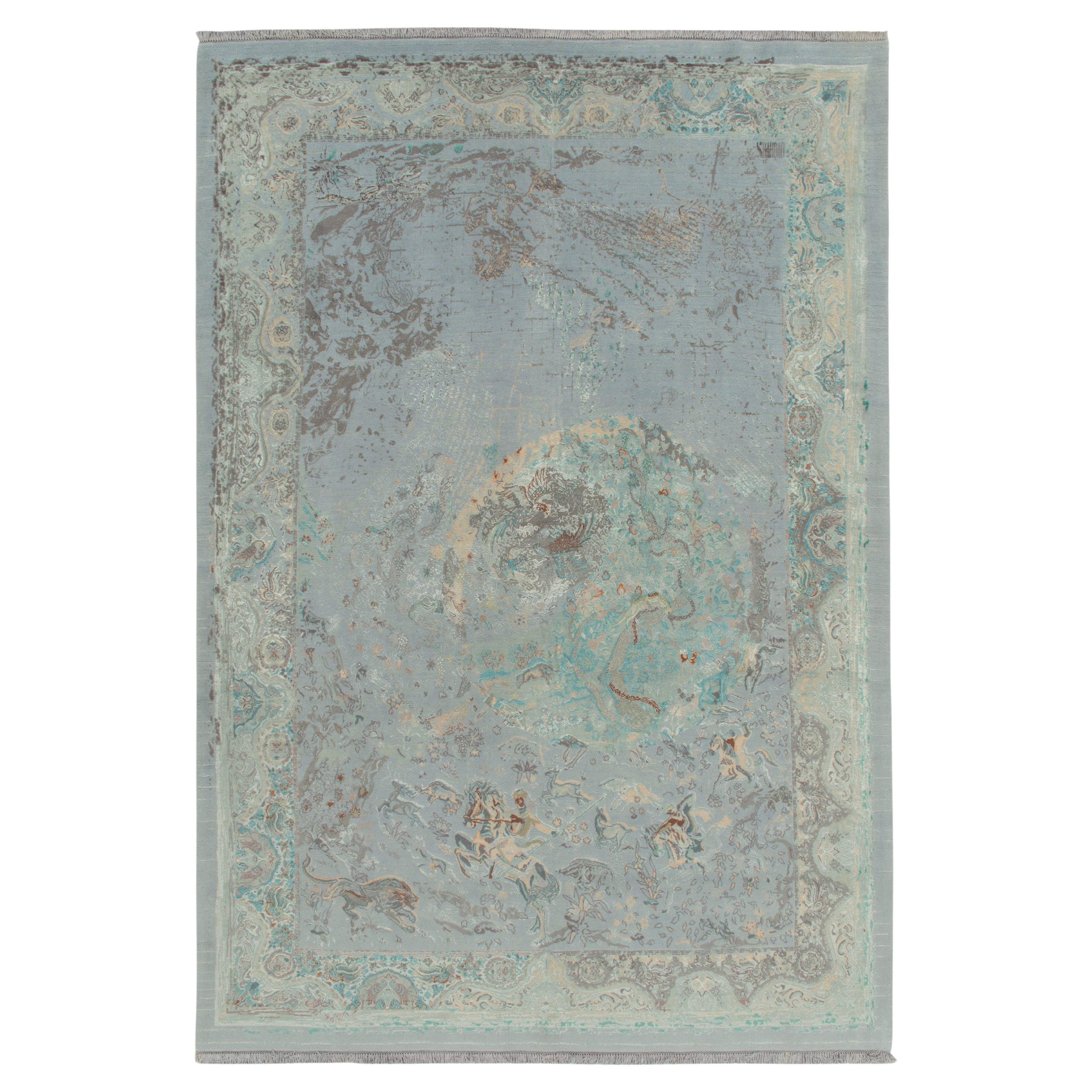 Rug & Kilim’s Classic Style Contemporary Rug in Blue-Grey Pictorials For Sale