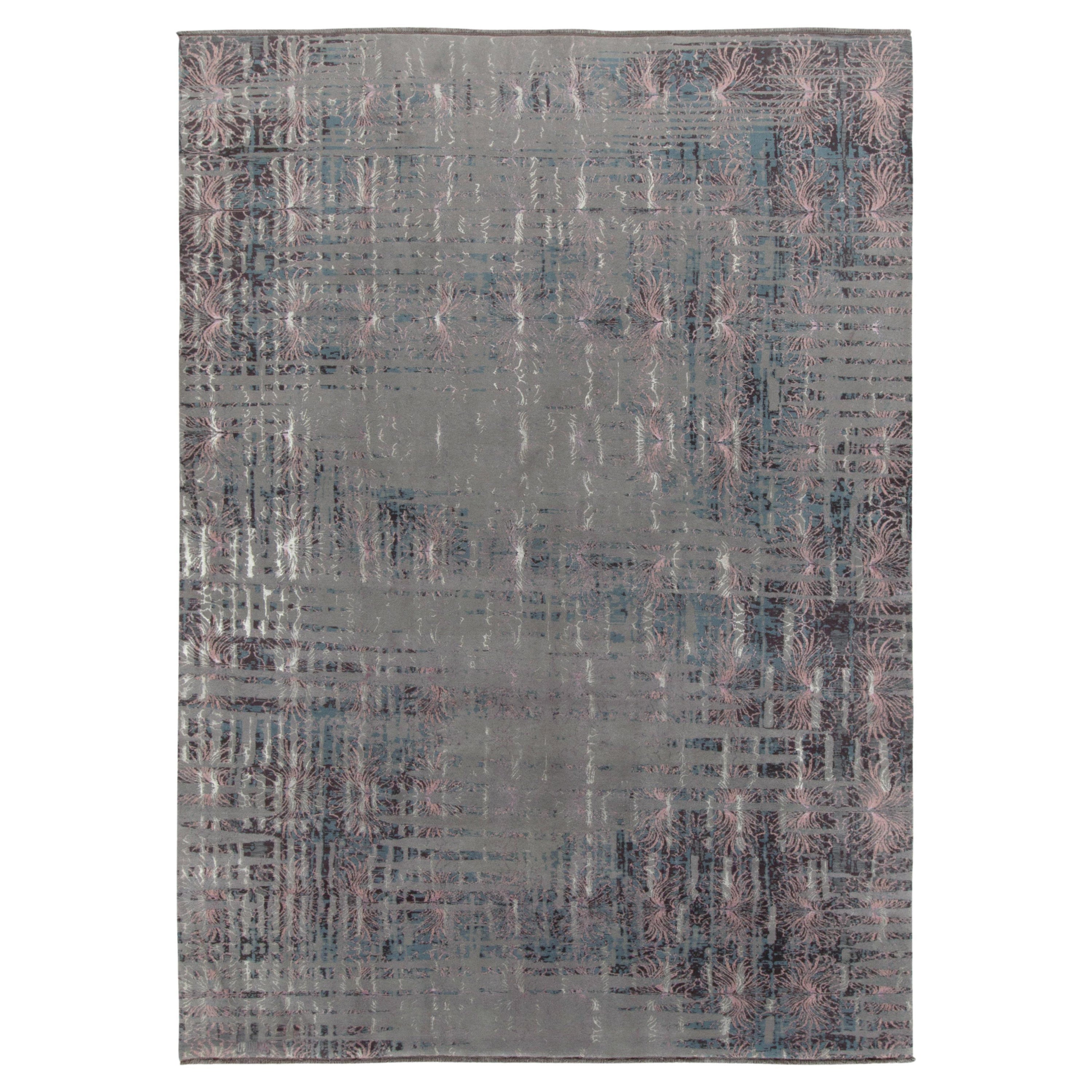 Rug & Kilim’s Abstract Rug in Blue and Grey, Subdued Pink Floral Patterns For Sale
