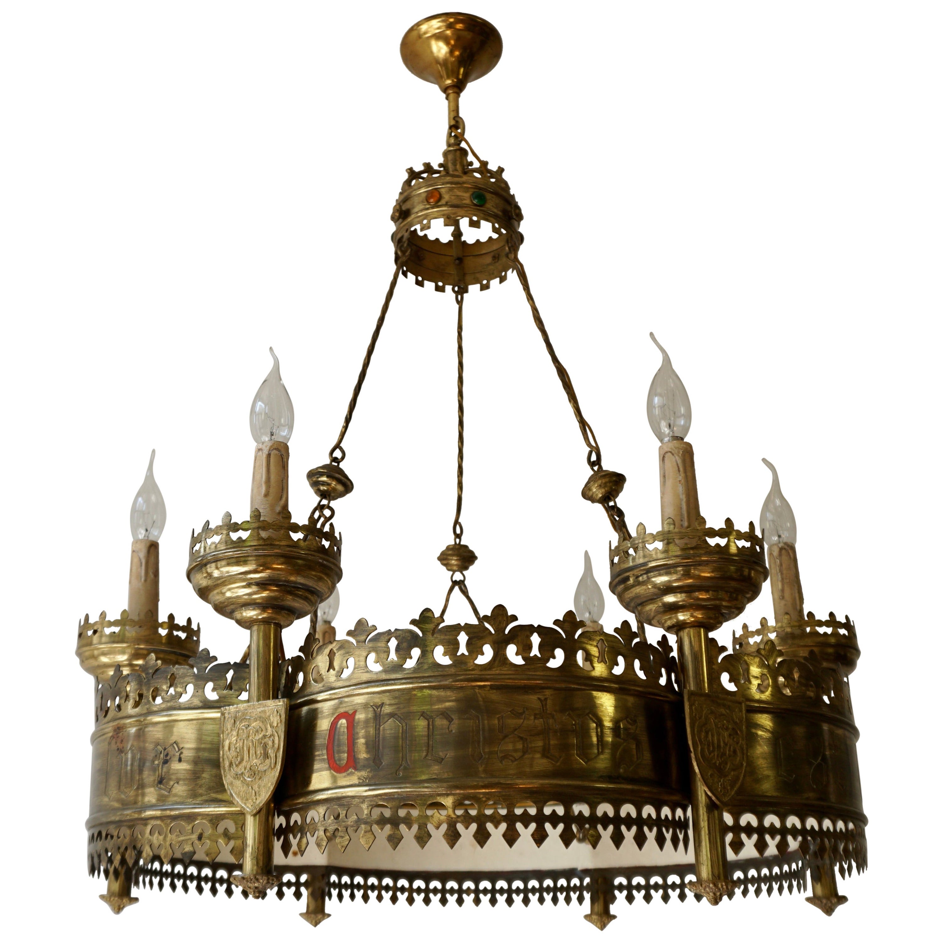 Large and Striking Bronze & Brass Gothic Revival Advent Wreath Chandelier For Sale