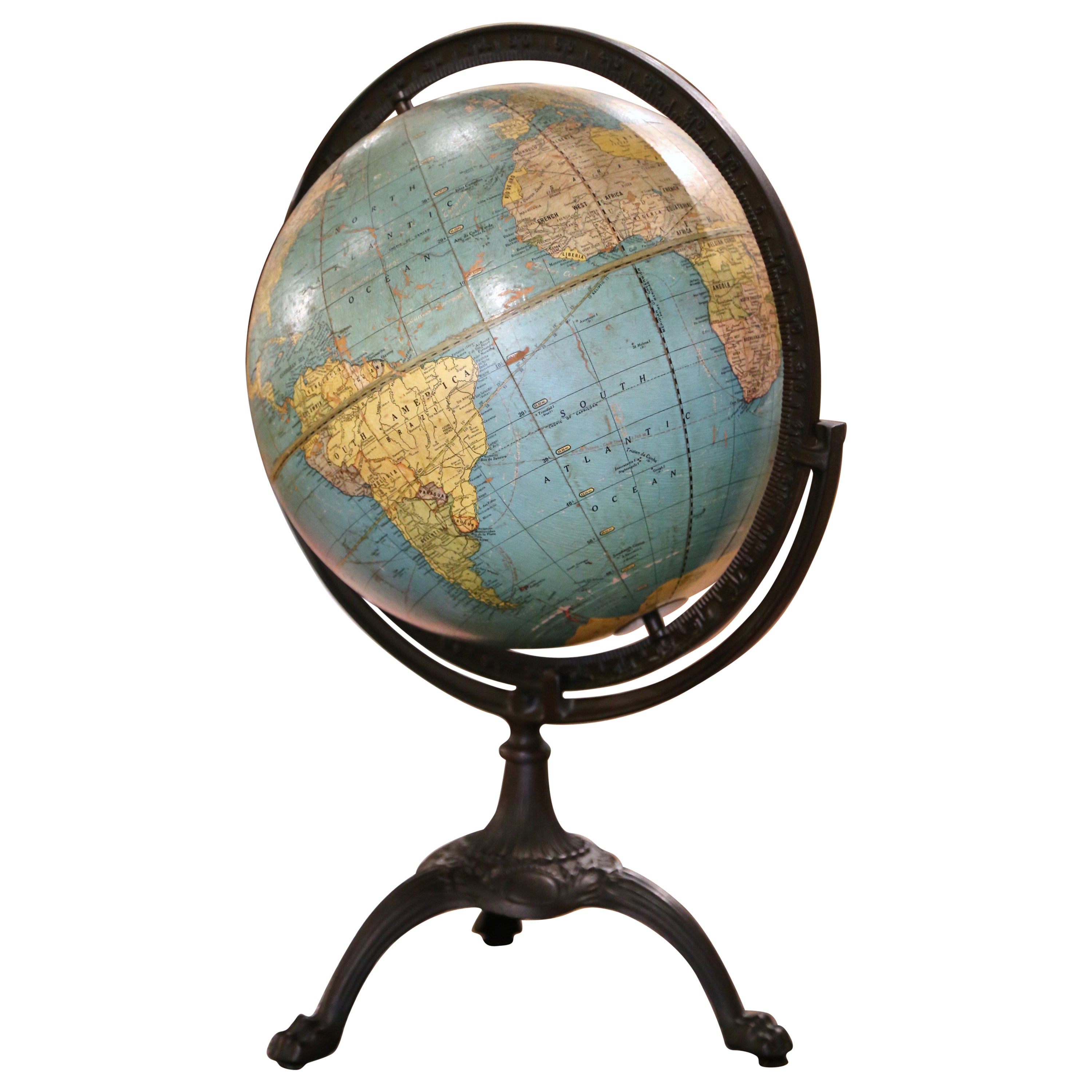  Terrestrial World Globe on Iron Stand by George F. Cram and Co. circa 1946 For Sale