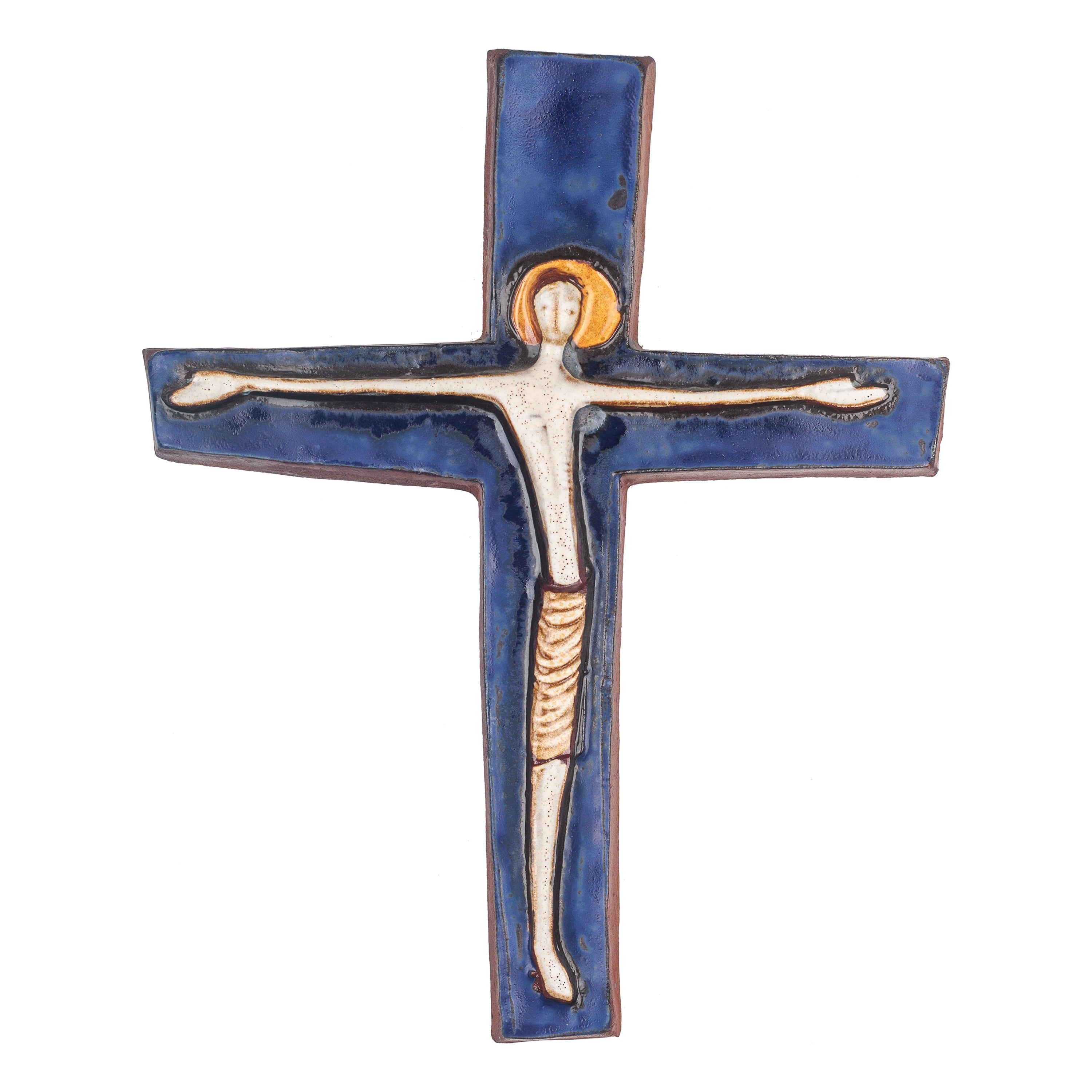 Mid-Century Ceramic Crucifix with Cobalt Glaze For Sale