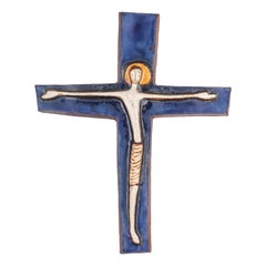 Retro Mid-Century Ceramic Crucifix with Cobalt Glaze