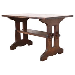 Table de bibliothèque ou bureau à tréteaux en chêne Arts & Crafts Mission de Gustav Stickley