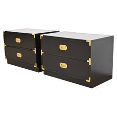 Vintage Bernhardt Hollywood Regency Black Lacquered Campaign Nightstands, Refinished