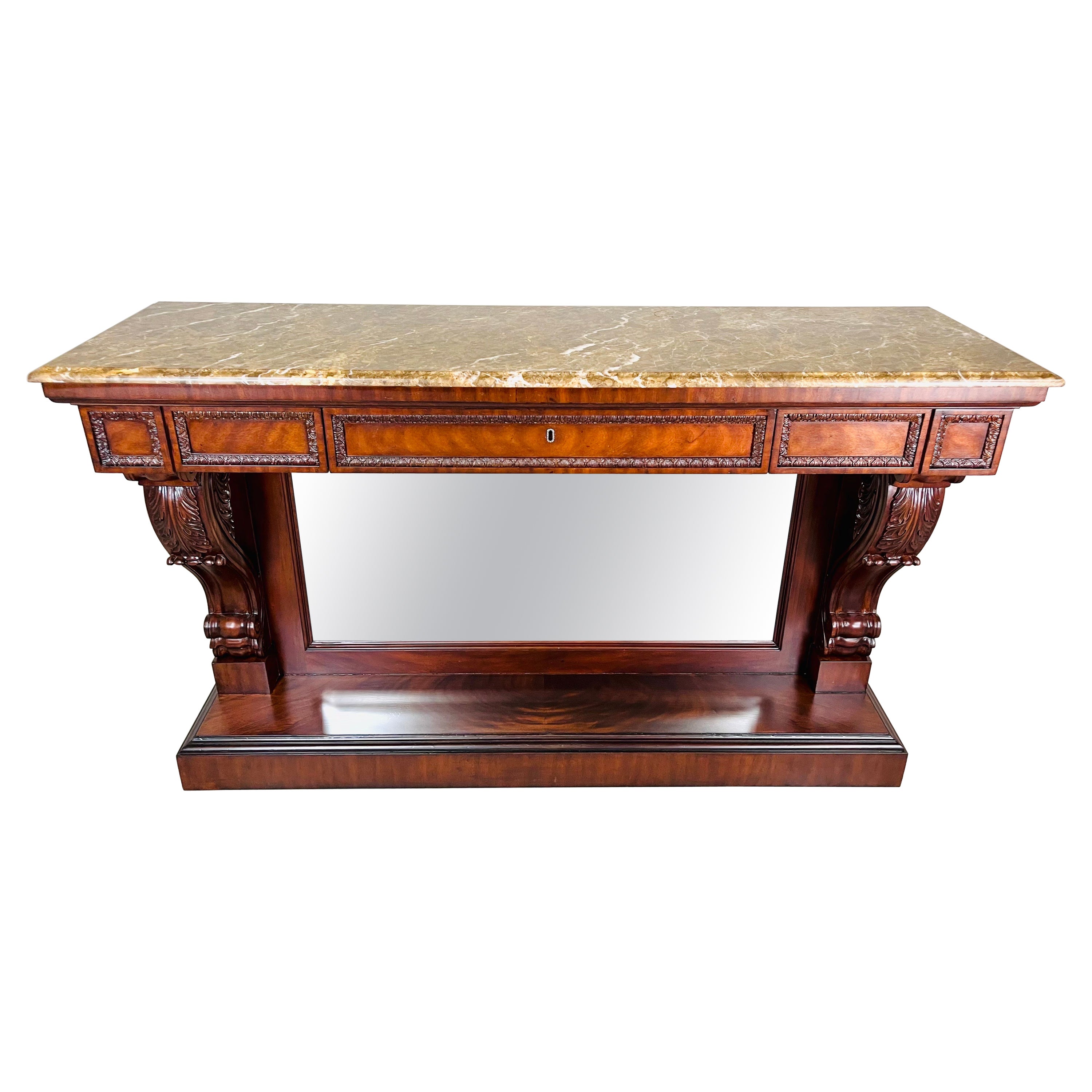 Ralph Lauren William IV Style Carved Mahogany Mirrored Marble Top Console Table