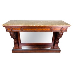 Table console de style Ralph Lauren William IV en acajou sculpté avec plateau en marbre et miroir