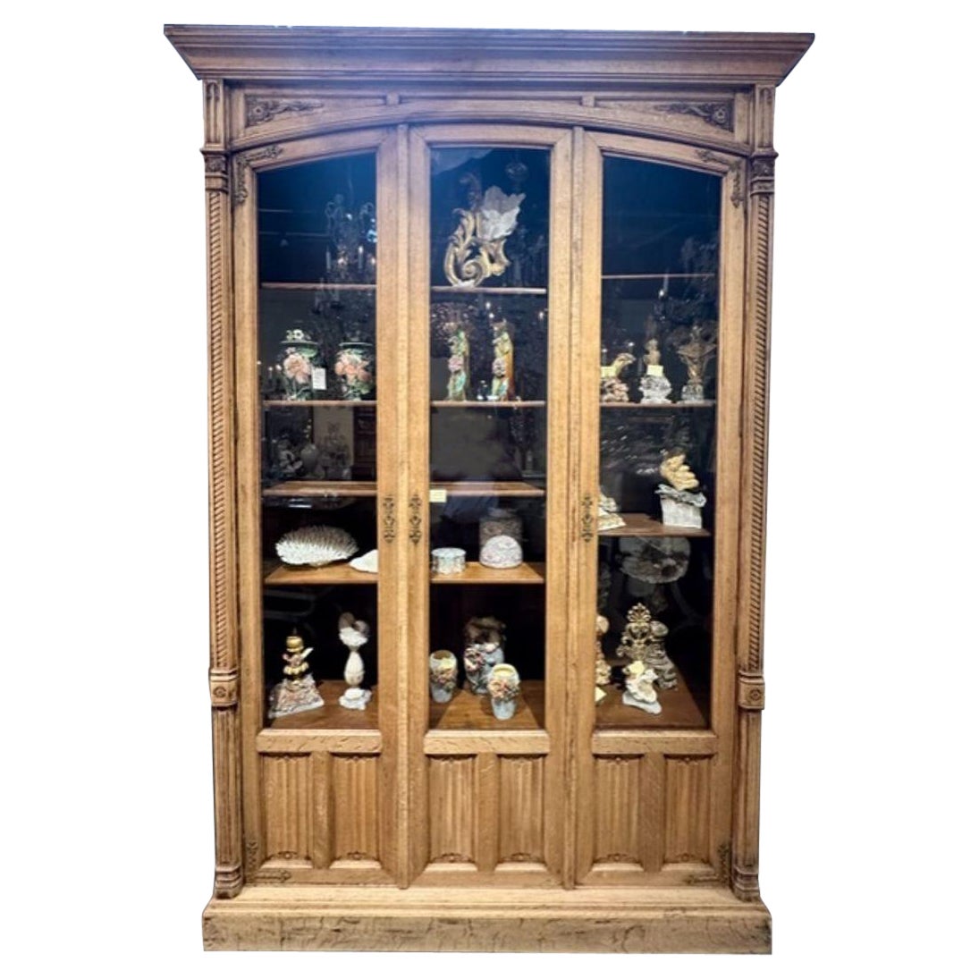 Large 19th Century French Bleached Oak Display Cabinet For Sale