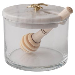 Beehive Glass, White Marble And Metal Honey Pot