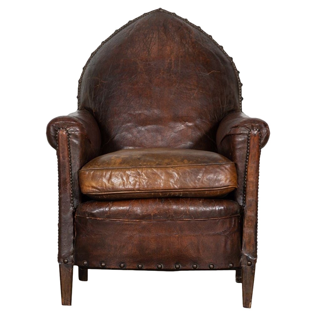 19th Century English Gothic Leather Armchair