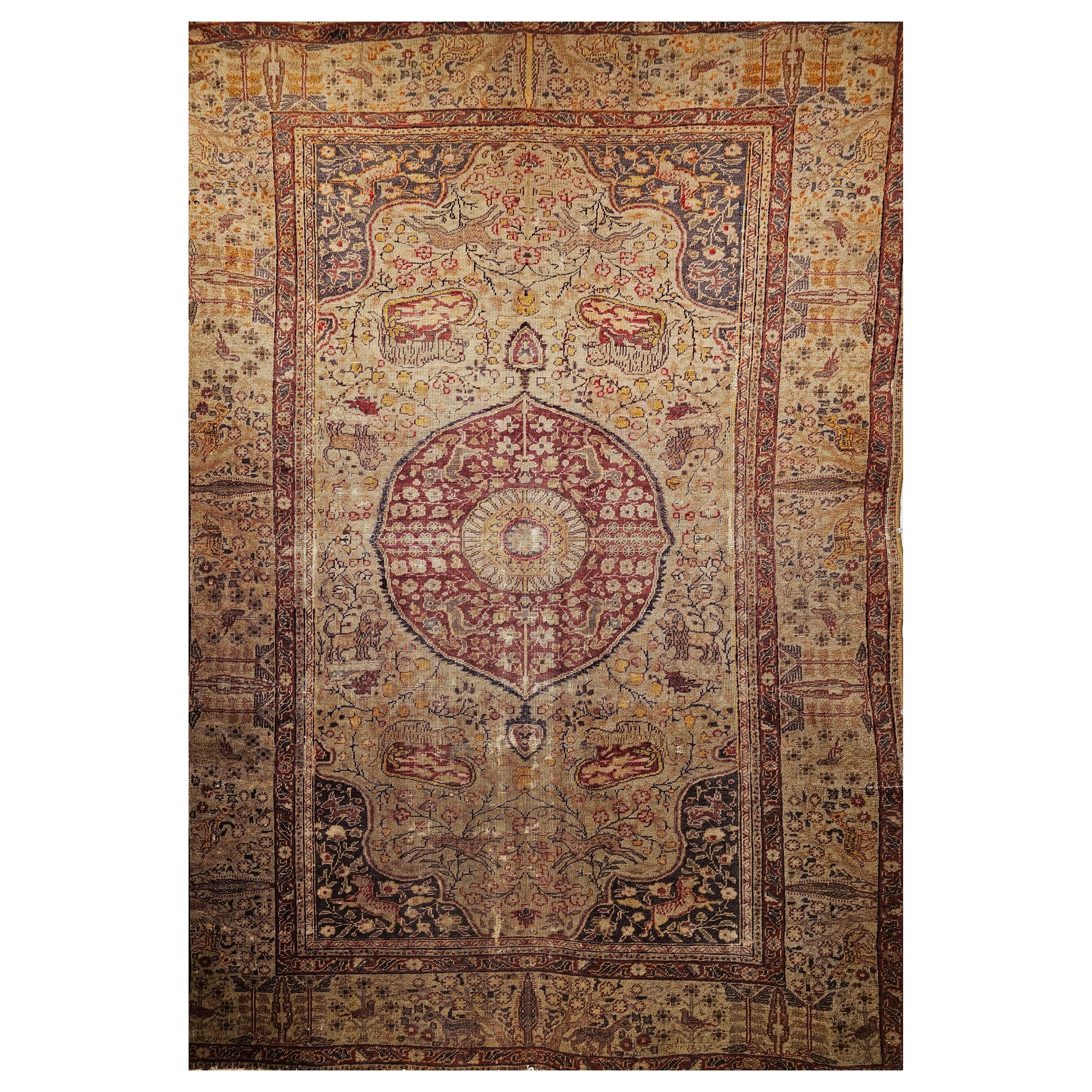 19th Century Turkish Sivas with Floral and Fauna in Camel, Lavender, Red Colors For Sale