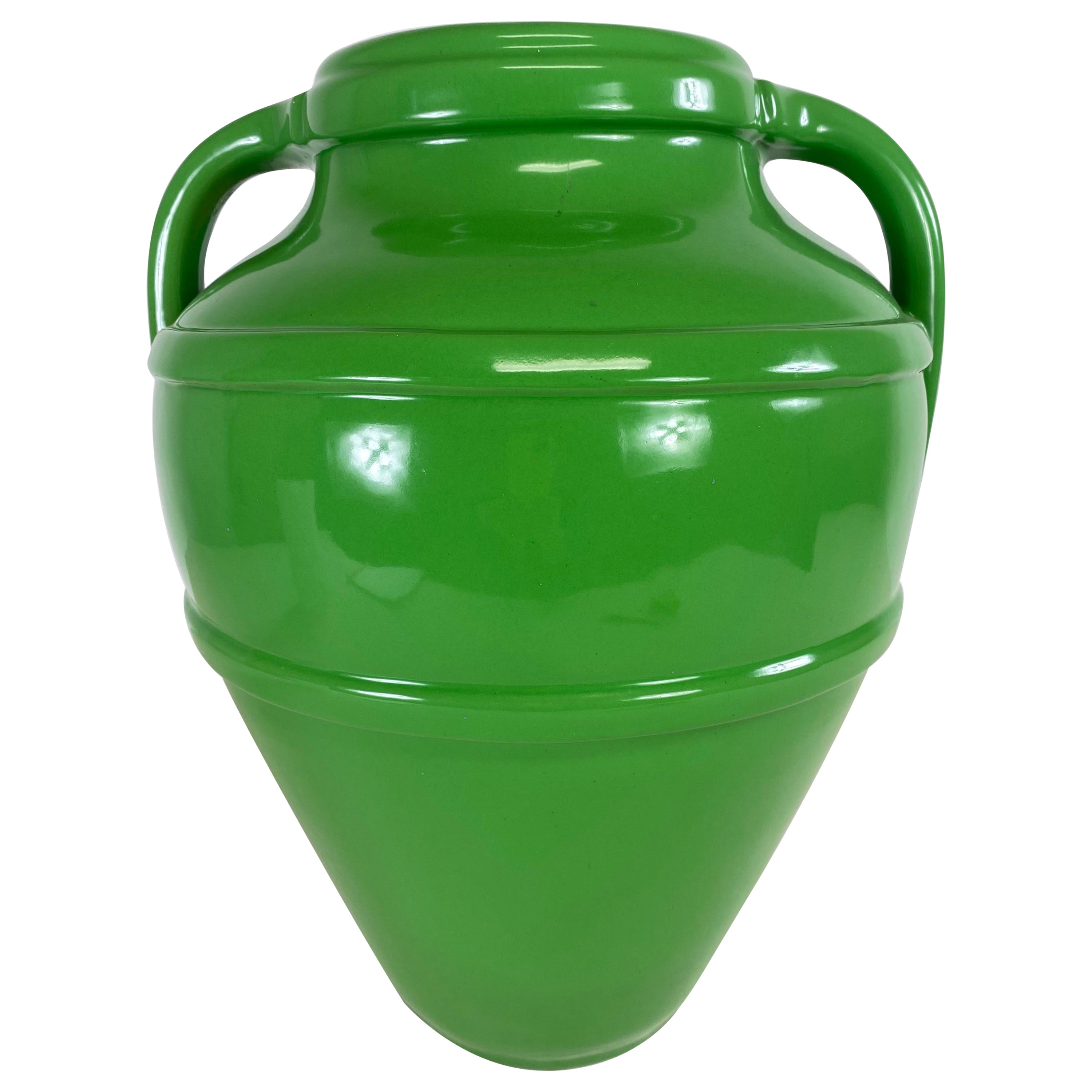 Enormous Vintage Apple Green Art Deco, Pottery Vase For Sale