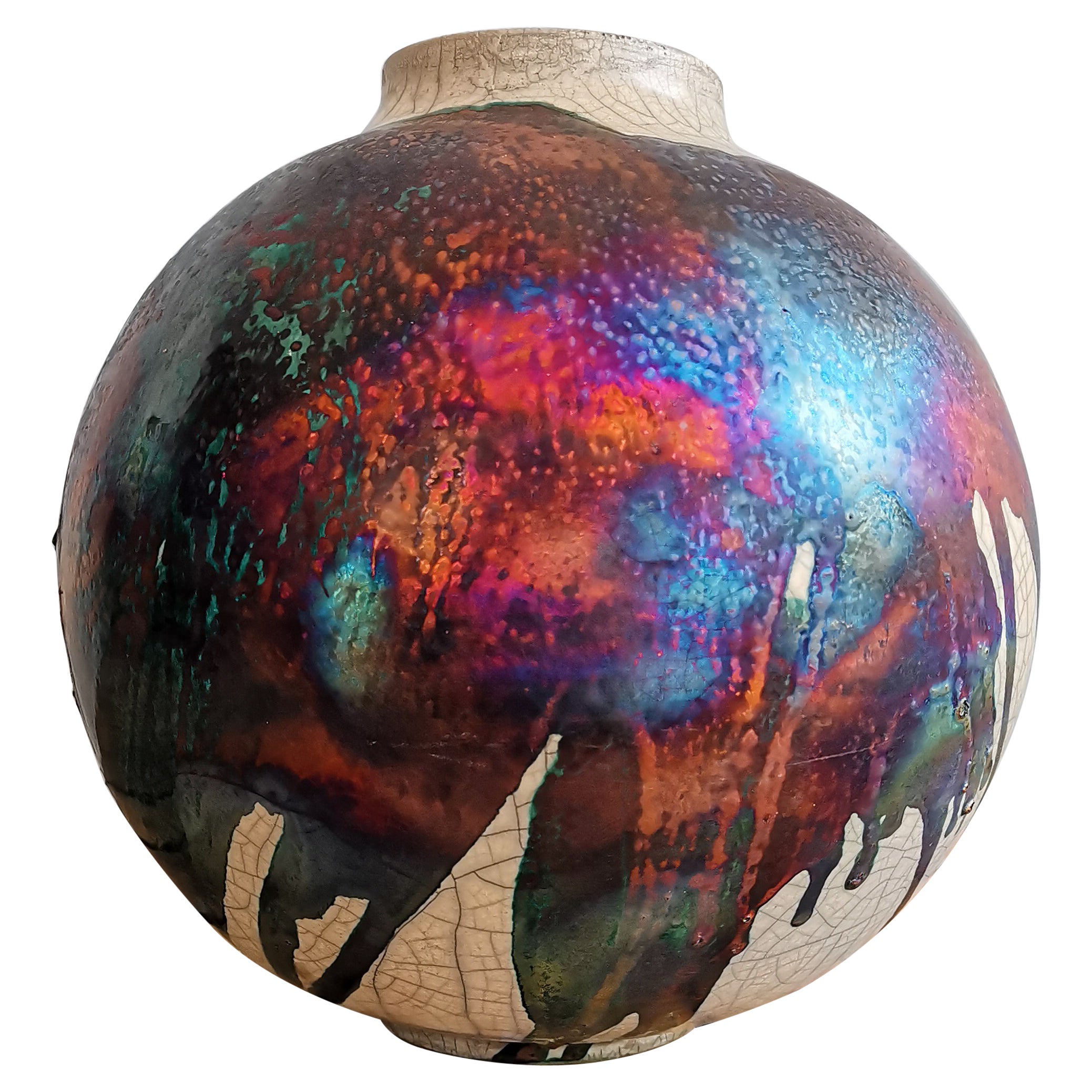Raaquu Raku grand vase globe cuit à la chaux S/N0000567, Série Centre de table d'art
