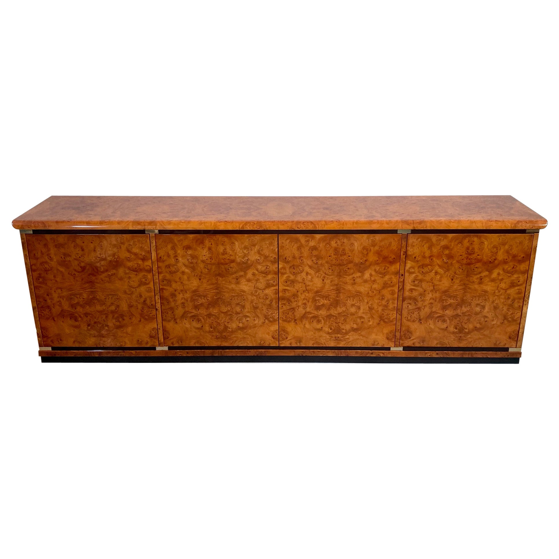 Briar Burl Wood Sideboard by Guerini Emilio for Gdm 24 Kt Gold Plated Italy 1980 For Sale